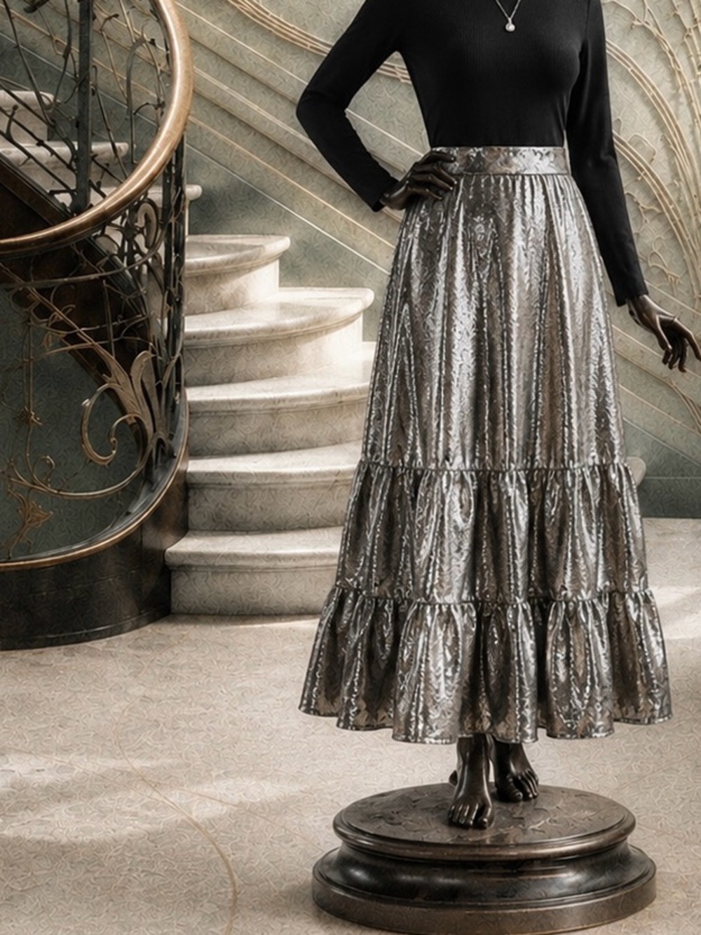 NKN Nekane Silver Metallic Tiered Maxi Skirt (EU Large | US 8/10)